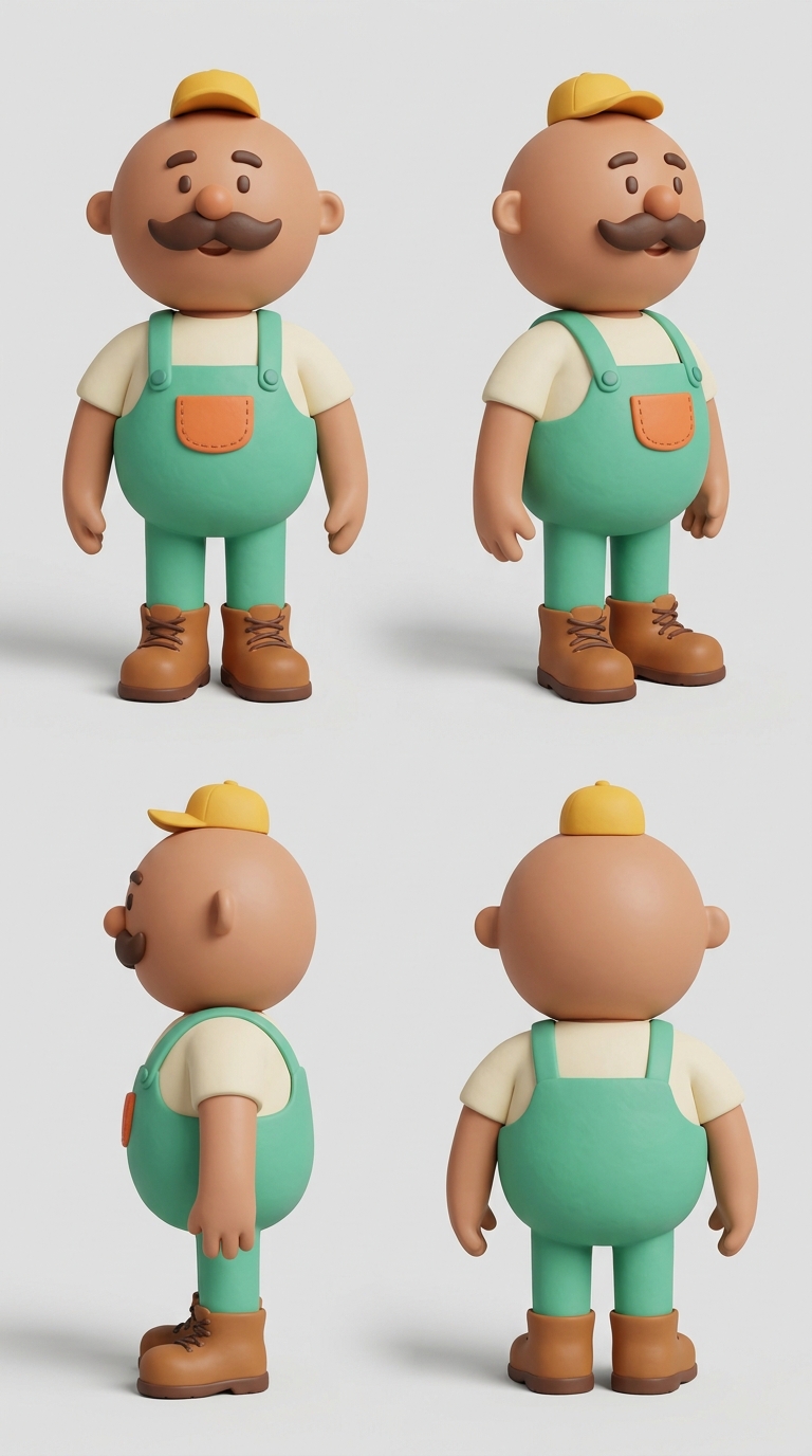 Kabloo character turnaround: front, three-quarter, side and back views